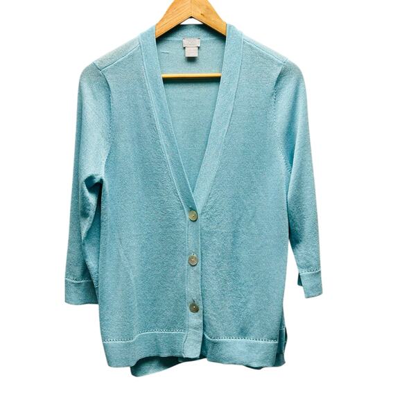 Chico’s 1 US M Blue Sparkly Cardigan 3/4 Sleeve V-Neck 3 Button Sweater - Picture 2 of 8
